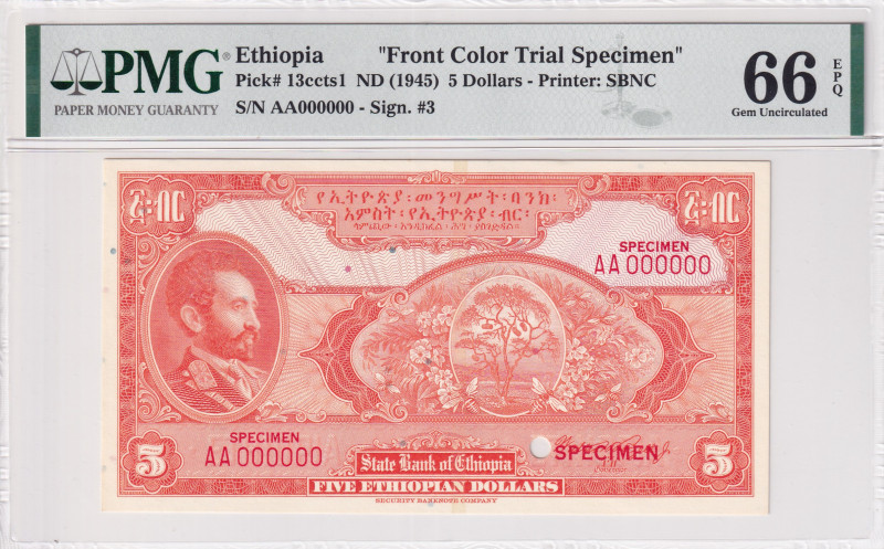 Ethiopia, 5 Dollars, 1945, UNC, p13ccts1, SPECIMEN
Front Color Trial, Pre Color...