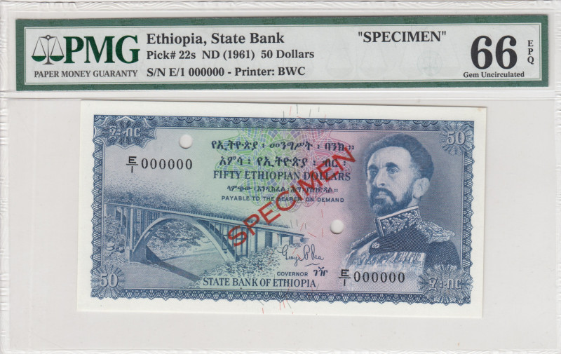 Ethiopia, 50 Dollars, 1961, UNC, p22s, SPECIMEN
PMG 66 EPQ
Estimate: USD 400-8...