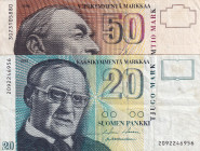 Finland, 20-50 Markkaa, 1986/1993, p118; p122, (Total 2 banknotes)
20 Markkaa, VF(+); 50 Markkaa, XF(-)
Estimate: USD 15-30