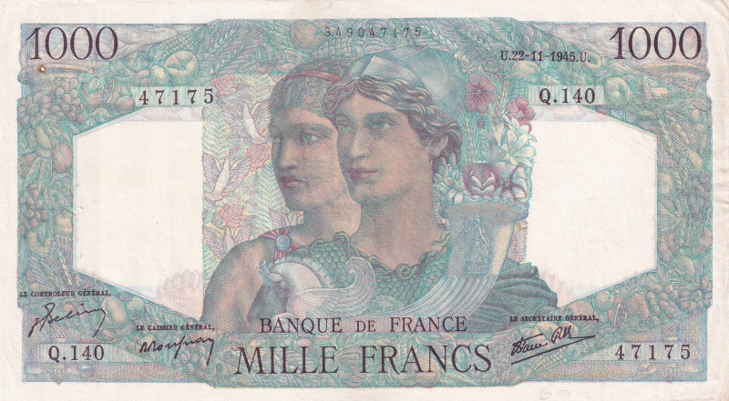 France, 1.000 Francs, 1945, XF, p130a
There are pinholes and minor openings.
E...