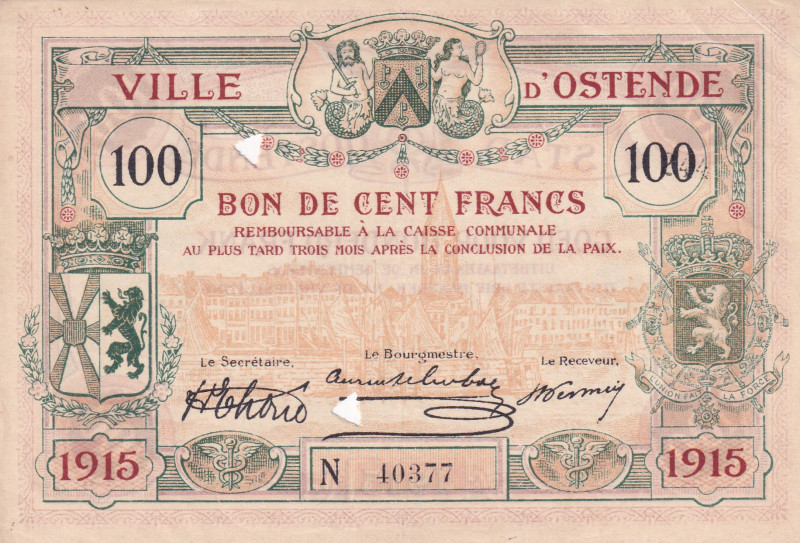 France, 100 Francs, 1915, AUNC(-), 
Ostend Chamber of Commerce
Estimate: USD 2...