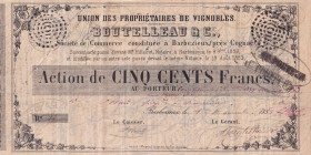 France, 500 Francs, 1853, Bond Share
Union Des Propriétaires de Vignobles
Estimate: USD 50-100