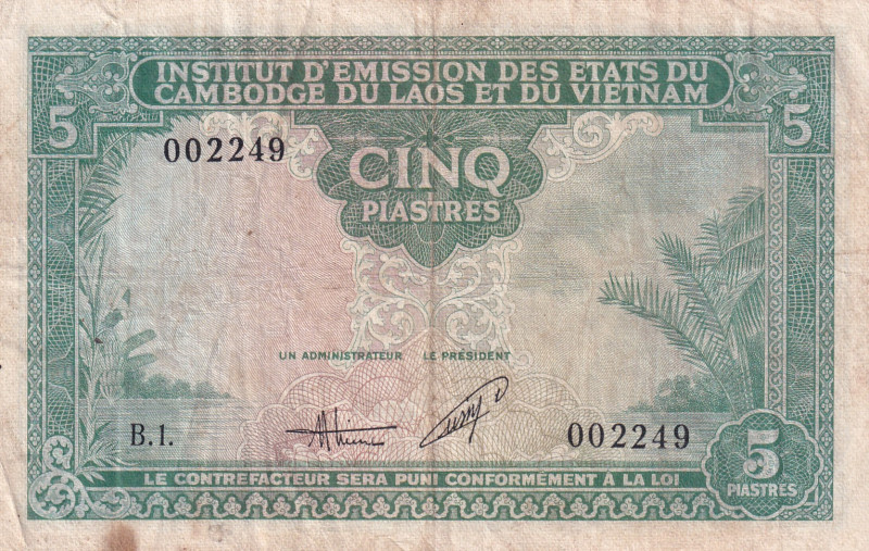 French Indo-China, 5 Piastres, 1953, VF, p106
There are pinholes and spots.
Es...