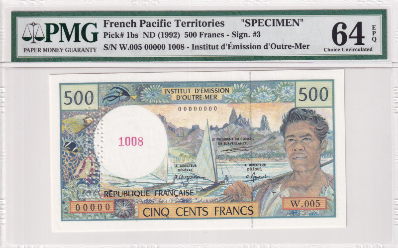 French Pacific Territories, 500 Francs, 1992, UNC, p1bs, SPECIMEN
PMG 64 EPQ
E...