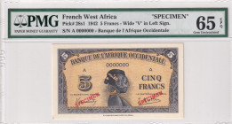 French West Africa, 5 Francs, 1942, UNC, p28s1, SPECIMEN
PMG 65 EPQ, Banque De L `Afrique Occidentale
Estimate: USD 300-600