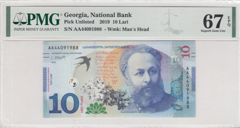 Georgia, 10 Lari, 2019, UNC, pNew
PMG 67 EPQ, High condition 
Estimate: USD 25...