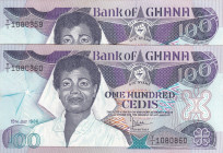 Ghana, 100 Cedis, 1986, UNC, p26a, (Total 2 consecutive banknotes)
Slightly stained
Estimate: USD 40-80