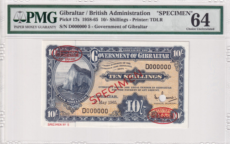 Gibraltar, 10 Shilings, 1958/1965, UNC, p17s, SPECIMEN
PMG 64, British Administ...