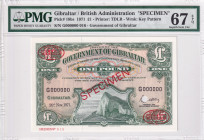 Gibraltar, 1 Pound, 1971, UNC, p18bs, SPECIMEN
PMG 67 EPQ, British Administration
Estimate: USD 450-900