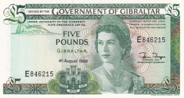 Gibraltar, 5 Pounds, 1988, UNC, p21b
Queen Elizabeth II. Potrait, There is ripple.
Estimate: USD 30-60