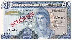 Gibraltar, 10 Pounds, 1975, UNC, p22CS1, SPECIMEN
Collector Series, Queen Elizabeth II. Potrait
Estimate: USD 50-100