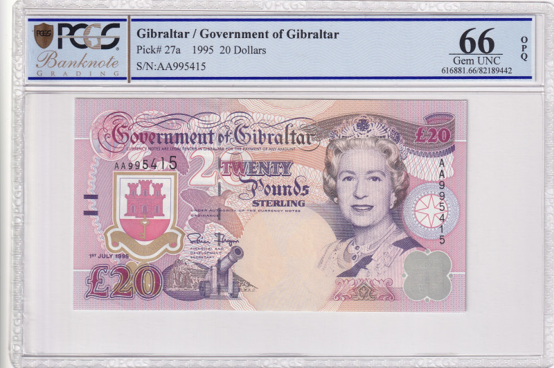 Gibraltar, 20 Dollars, 1995, UNC, p27a
PCGS 66 OPQ, Queen Elizabeth II. Potrait...