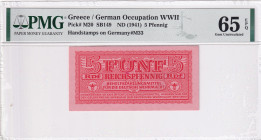 Greece, 5 Pfennig, 1941, UNC, pm20
PMG 65 EPQ, German Occupation 
Estimate: USD 200-400