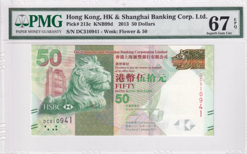 Hong Kong, 50 Dollars, 2013, UNC, p213c
PMG 67, High condition
Estimate: USD 2...