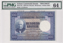 Iceland, 100 Kronur, 1945/56, UNC, p35s, SPECIMEN
PMG 64, Landsbanki İslands
Estimate: USD 500-1000