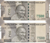 India, 500 Rupees, 2017/2019, p114, (Total 2 banknotes)
UNC; AUNC
Estimate: USD 20-40