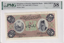 Iran, 2 Tomans, 1890/1923, AUNC, p2s, SPECIMEN
PMG 58, Kingdom of Persia
Estimate: USD 2000-4000