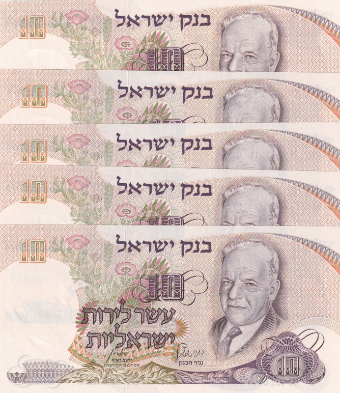 Israel, 10 Lirot, 1968, UNC, p35b, (Total 5 consecutive banknotes)
Estimate: US...