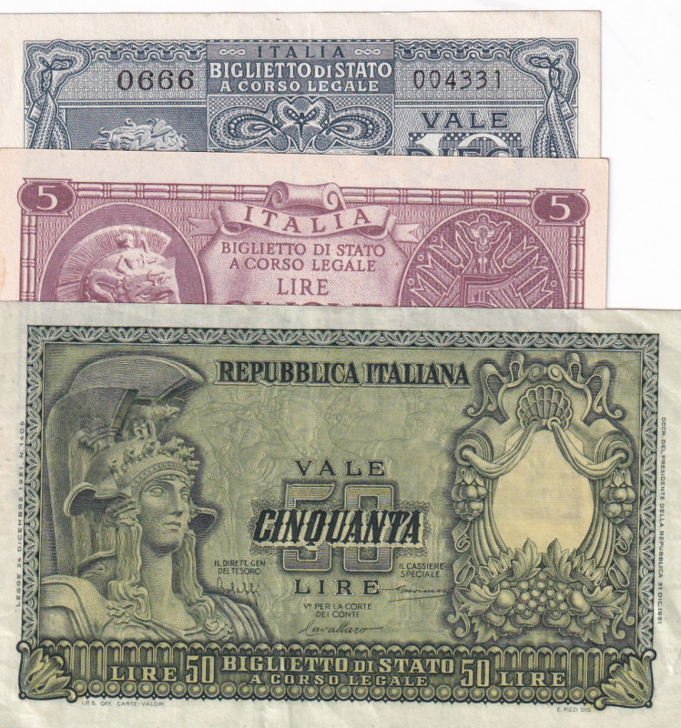 Italy, 5-10-50 Lire, 1944/1951, p31b; p32; p91a, (Total 3 banknotes)
5 Lire, UN...