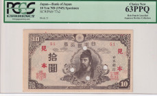 Japan, 10 Yen, 1945, UNC, p77s2, SPECIMEN
PCGS 63 PPQ
Estimate: USD 250-500