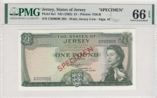 Jersey, 1 Pound, 1963, UNC, p8s1, SPECIMEN
PMG 66 EPQ
Estimate: USD 200-400
