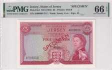 Jersey, 5 Pounds, 1963, UNC, p9s1, SPECIMEN
PMG 66 EPQ, Queen Elizabeth II. Potrait, States of Jersey
Estimate: USD 600-1200