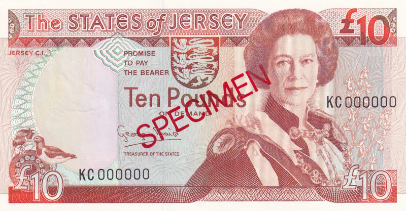 Jersey, 10 Pounds, 1993, UNC, p22s, SPECIMEN
Queen Elizabeth II. Potrait
Estim...