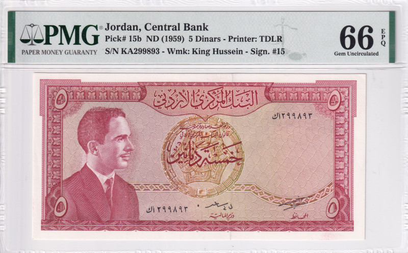 Jordan, 5 Dinars, 1959, UNC, p15b
PMG 66 EPQ
Estimate: USD 125-250