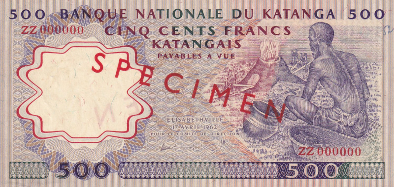 Katanga, 500 Francs, 1962, UNC, p13s, SPECIMEN
Banqe Natinoale Du Katanga
Esti...