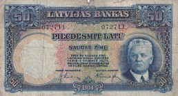Latvia, 50 Latu, 1934, FINE, p20a
There are openings, stains, ballpoint pen writing
Estimate: USD 25-50
