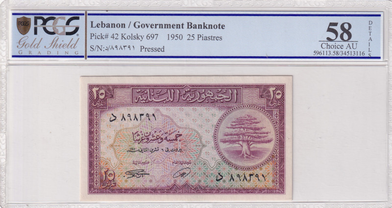 Lebanon, 25 Piastres, 1950, AUNC(+), p42
PCGS 58, Pressed
Estimate: USD 200-40...