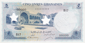 Lebanon, 5 Livres, 1952, UNC, p56s, SPECIMEN
Estimate: USD 50-100