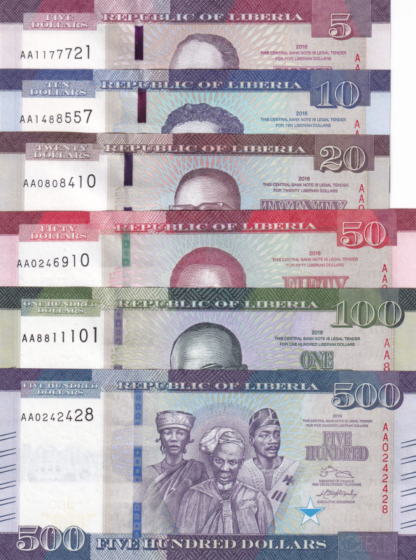 Liberia, 5-10-20-50-100-500 Dollars, 2016, UNC, (Total 6 banknotes)
Estimate: U...