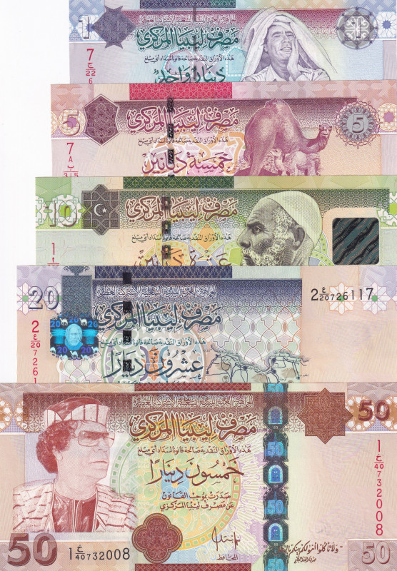 Libya, 1-5-10-20-50 Dinars, 2008/2011, UNC, (Total 5 banknotes)
Estimate: USD 5...