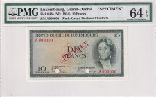 Luxembourg, 10 Francs, 1954, UNC, p48s, SPECIMEN
PMG 64 EPQ, Grand - Duche
Estimate: USD 250-500