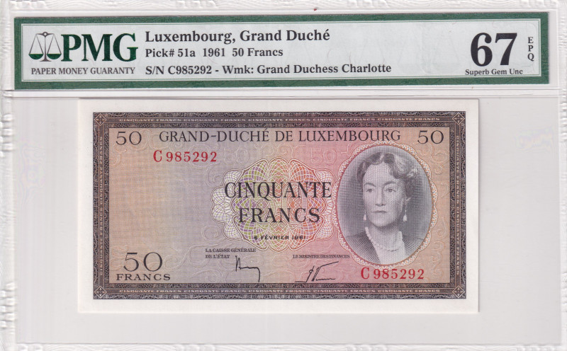 Luxembourg, 50 Francs, 1961, UNC, p51a
PMG 67 EPQ, High condition
Estimate: US...