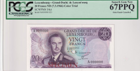 Luxembourg, 20 Francs, 1966, UNC, p54ct, SPECIMEN
PCGS 67 PPQ, high condition
Estimate: USD 500-1000