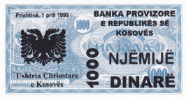 Macedonia, 1.000 Dinara, 1999, UNC, pNL15
Kosovo-War Era Banknote Temporarily Used
Estimate: USD 20-40