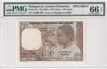 Madagascar, 100 Francs, 1961, UNC, p52s, SPECIMEN
PMG 66 EPQ
Estimate: USD 400-800