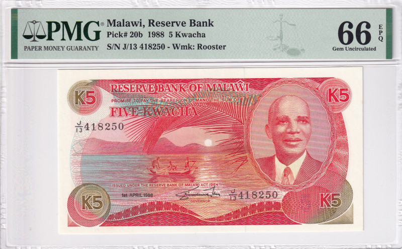 Malawi, 5 Kwacha, 1988, UNC, p20b
PMG 66 EPQ, Reserve Bank
Estimate: USD 175-3...