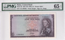 Malta, 5 Pounds, 1968, UNC, p30
PMG 65 EPQ, Queen Elizabeth II. Potrait
Estimate: USD 350-700