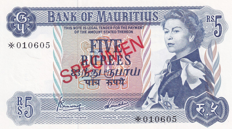 Mauritius, 5 Rupees, 1967, UNC, p30cs, SPECIMEN
Queen Elizabeth II. Potrait, Co...