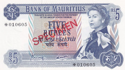 Mauritius, 5 Rupees, 1967, UNC, p30cs, SPECIMEN
Queen Elizabeth II. Potrait, Collector Series
Estimate: USD 50-100