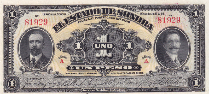 Mexico, 1 Peso, 1915, UNC, pS1071
Estado de Sonora, Hermosillo
Estimate: USD 3...