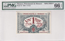 Monaco, 1 Franc, 1920, UNC, p4s, SPECIMEN
PMG 66 EPQ, Prıncıpavte de Monaco
Estimate: USD 1000-2000