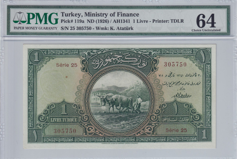 Turkey, 1 Livre, 1927, UNC, p119a, 1.Emission
PMG 64, Rare Condition
Estimate:...