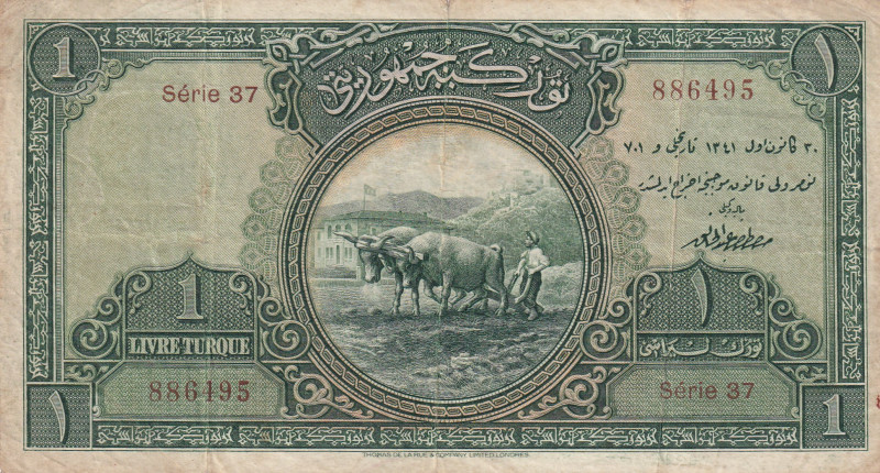 Turkey, 1 Livre, 1927, VF, p119, 1.Emission
There is a tear in the upper and lo...