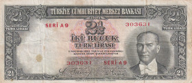 Turkey, 2 1/2 Lira, 1939, VF, p126, 2.Emission
There is very little opening, Slightly stained
Estimate: USD 50-100