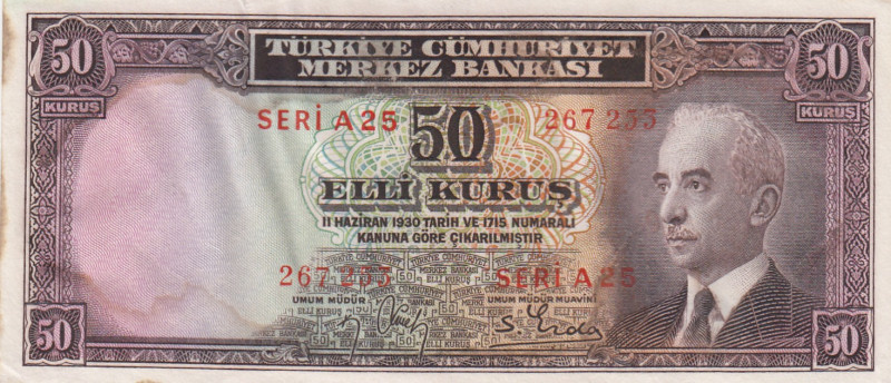 Turkey, 50 Kurush, UNC, p133, 2.Emission
İsmet İnönü portrait
Estimate: USD 50...