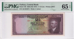 Turkey, 2 1/2 Lira, 1947, UNC, p140, 3.Emission
PMG 65 EPQ, Rare Condition
Estimate: USD 1.200-2.400